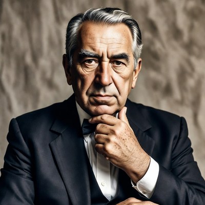 Elderly man in tuxedo touching chin