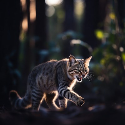 Striped kitten growling in forest