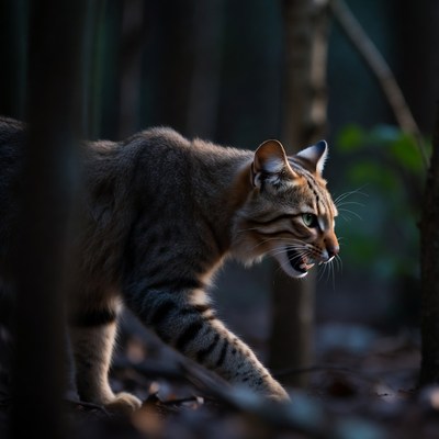 Wildcat stalking in forest