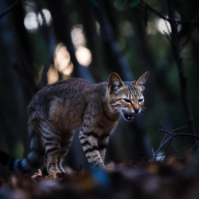 Tabby cat growling in forest