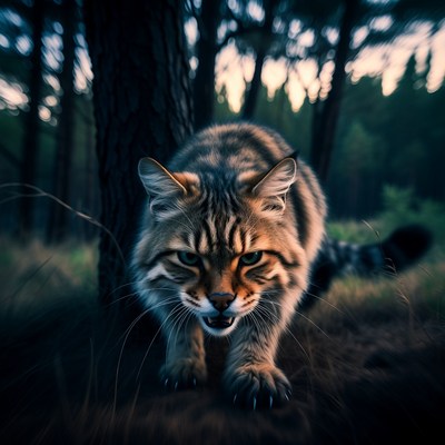 Bobcat growling in dark forest