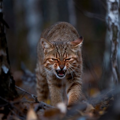 Bobcat growling in forest