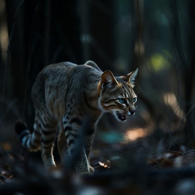 Ocicat stalking in dark forest