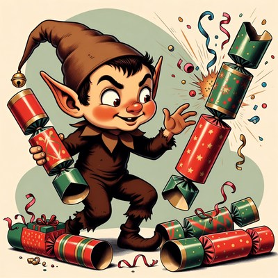 Cartoon Elf Pulling Christmas Crackers