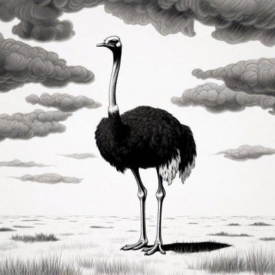 Ostrich standing in stormy grass