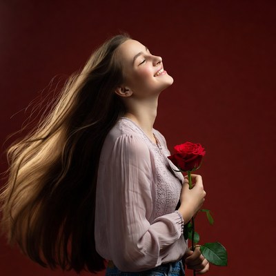 Young woman holding red rose