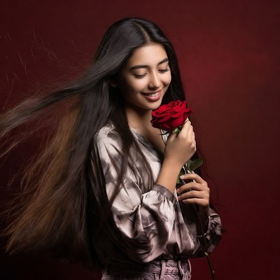 Asian girl smelling red rose