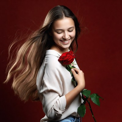 Smiling girl holding red rose