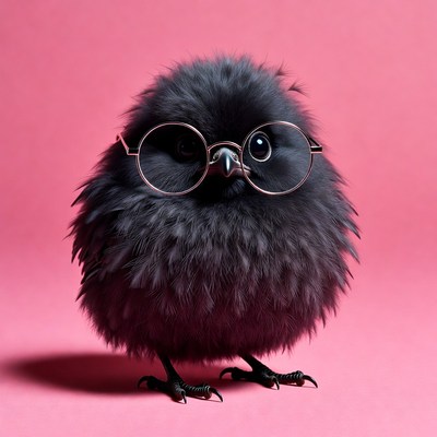 Fluffy black owl wearing glasses