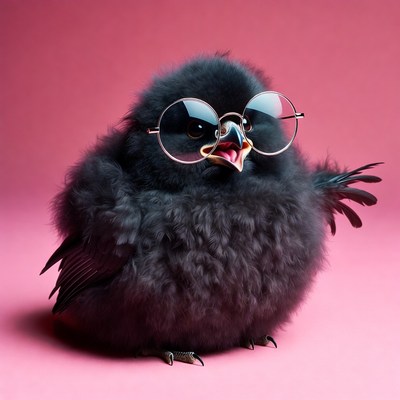 Fluffy black chick wearing glasses