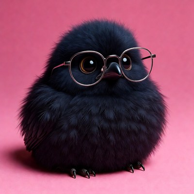 Fluffy black bird wearing glasses