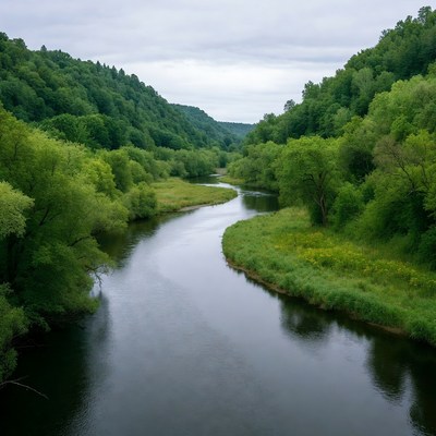 River Winding Through Lush Green Valley