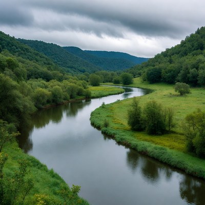 Serpentine River in Lush Green Valley