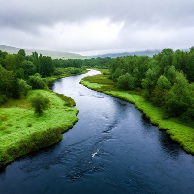 Winding River in Misty Forest Valley