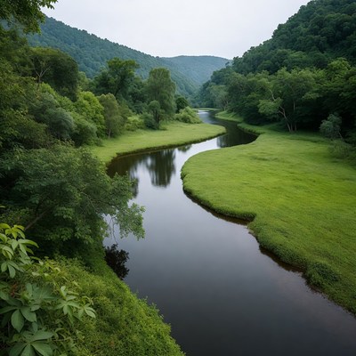 Serpentine River in Lush Green Valley