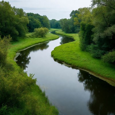 Winding River Through Green Forest