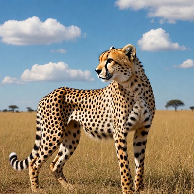 Cheetah standing in savanna grassland
