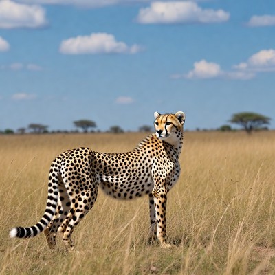 Cheetah standing in savanna grassland
