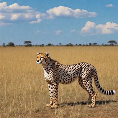 Cheetah standing in savanna grassland