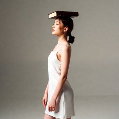 Asian woman balancing book on head