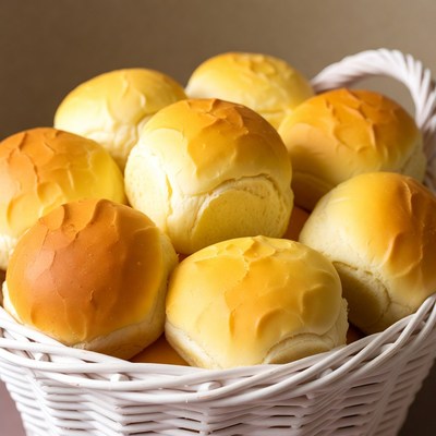 Fresh golden buns in white basket