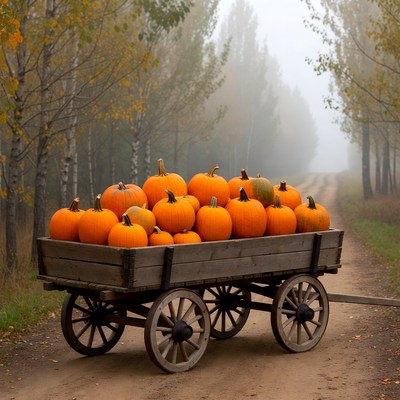 Pumpkin-Filled Wagon on Autumn Path