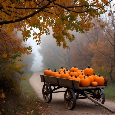 Pumpkins in Wooden Cart on Autumn Path