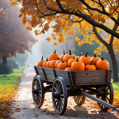 Wagon Full of Pumpkins in Autumn Forest