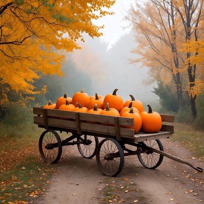 Pumpkins in Wooden Cart Autumn Forest