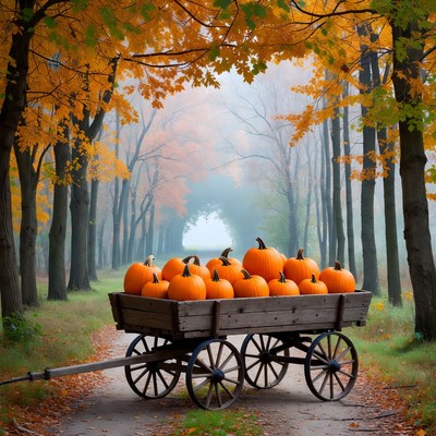 Pumpkins in Cart Autumn Forest Path
