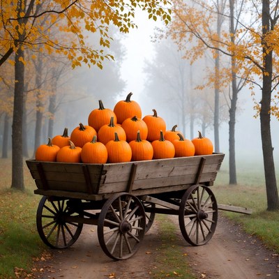 Pumpkins in Wooden Wagon Autumn Forest