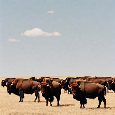 Herd of bison in golden field