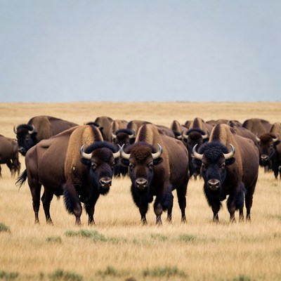 Herd of Bison in Grassland