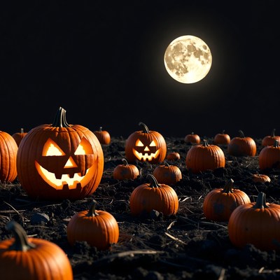 Jack-o'-lanterns in pumpkin patch under moon