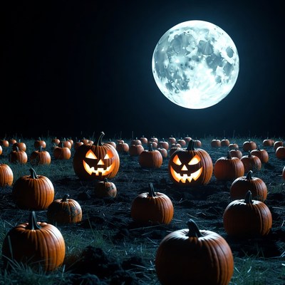 Jack-o'-lanterns under full moon
