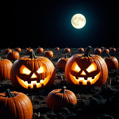 Jack-o-lanterns under full moon