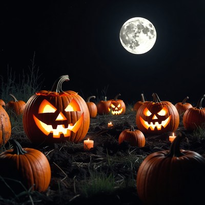 Jack-o'-lanterns under full moon