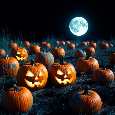 Jack-o'-lanterns in Field Under Full Moon
