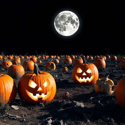 Jack-o'-lanterns under full moon