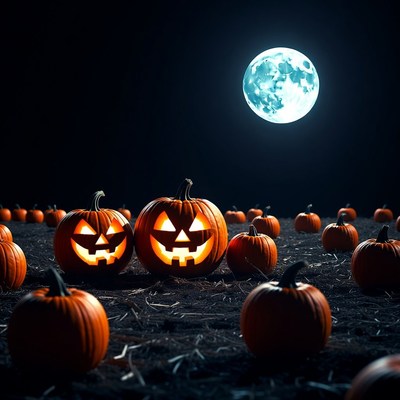 Jack-o-lanterns under full moon