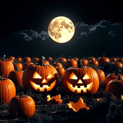 Jack-o'-lanterns in pumpkin patch under moon
