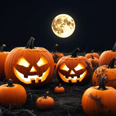 Jack-o'-lanterns under full moon