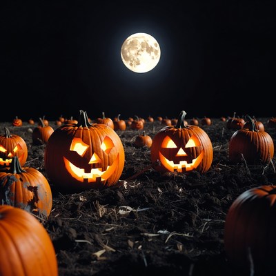 Jack-o-lanterns in pumpkin patch under full moon
