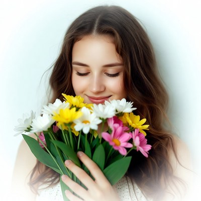 Woman smelling colorful flowers