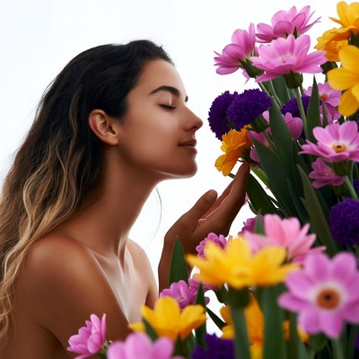 Woman smelling colorful flowers