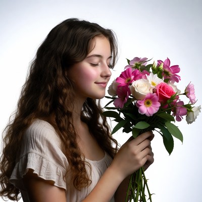Girl smelling pink roses bouquet
