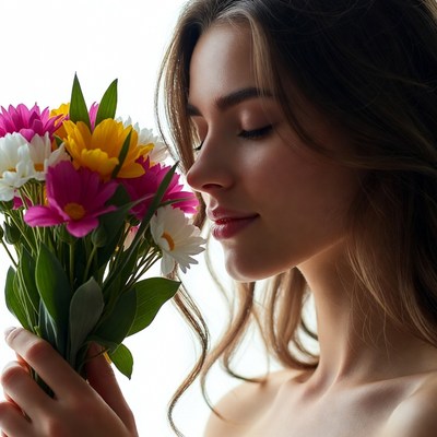 Woman smelling colorful bouquet