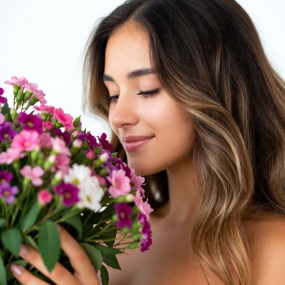 Woman smelling pink flowers
