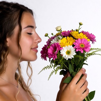 Young woman smelling colorful bouquet