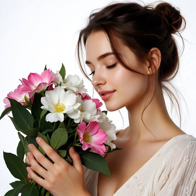 Woman smelling pink white flowers
